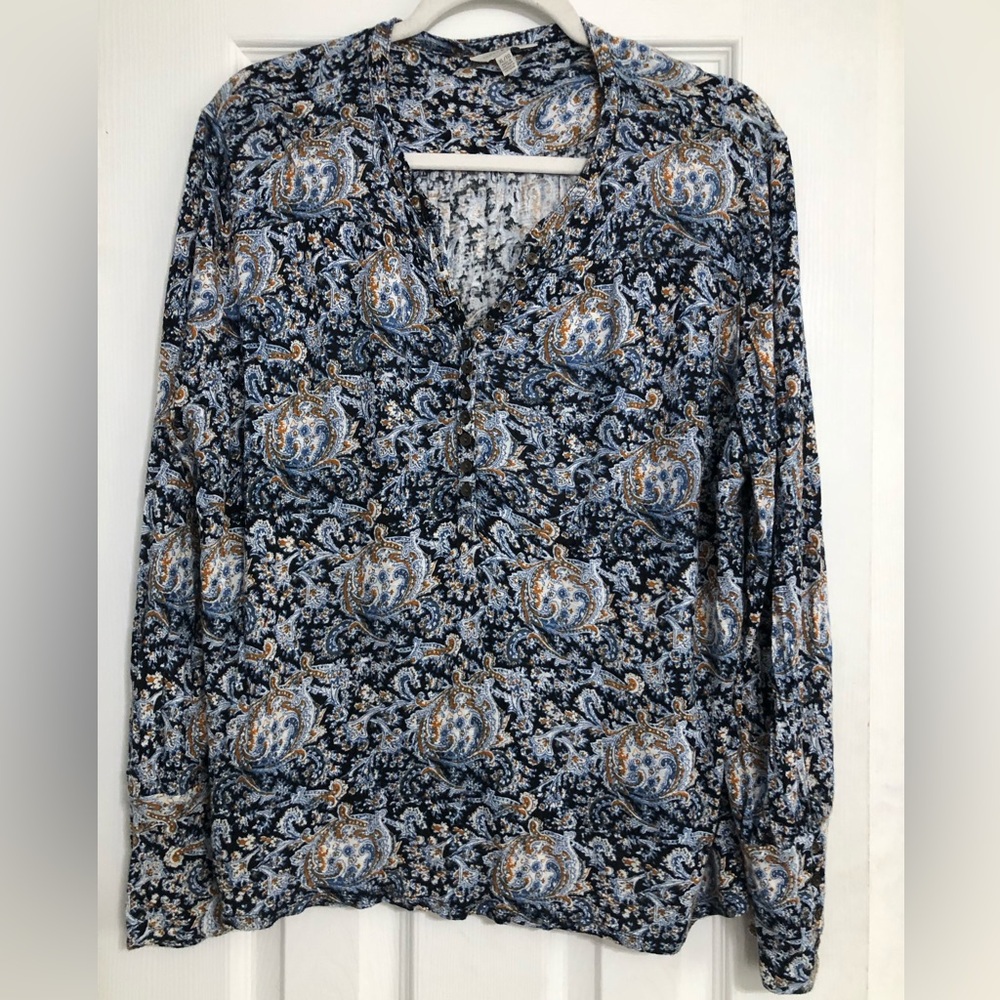 Lucky brand Blue Paisley Boho Women's Top long sleeve metallic buttons‎ size XL